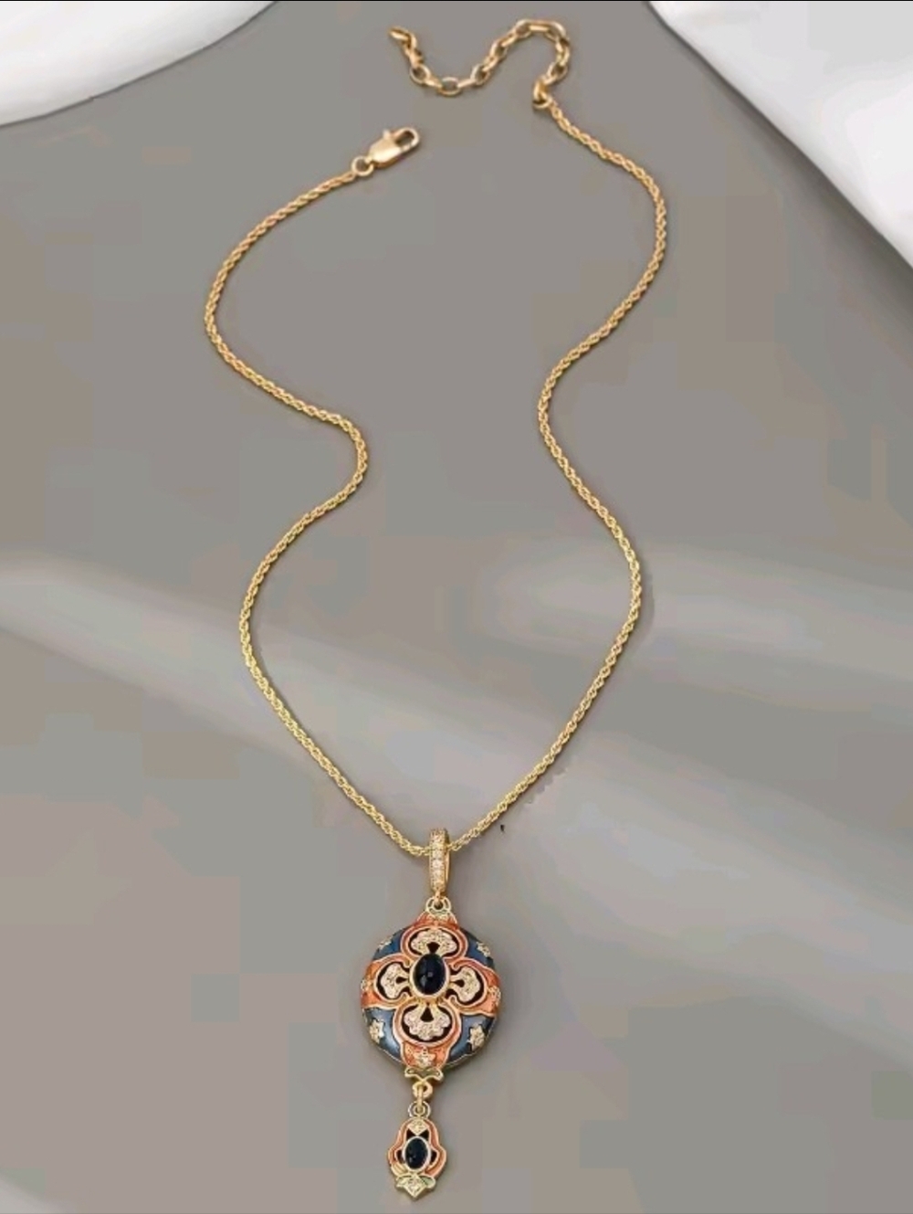 Vintage Gold-Tone Blue and Orange Enamel Pendant Necklace - Picture 5 of 7